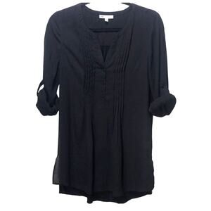 DR2 Daniel Rainn Roll Tab Pleated Tunic V-Neck Blouse Black Size Small